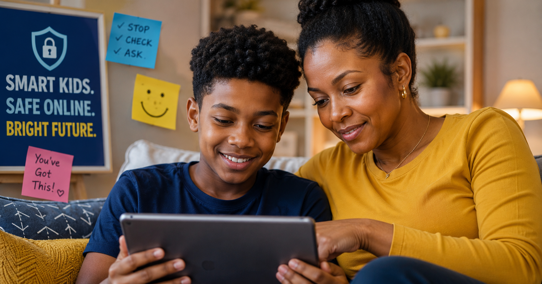 Parent and child looking at a tablet together